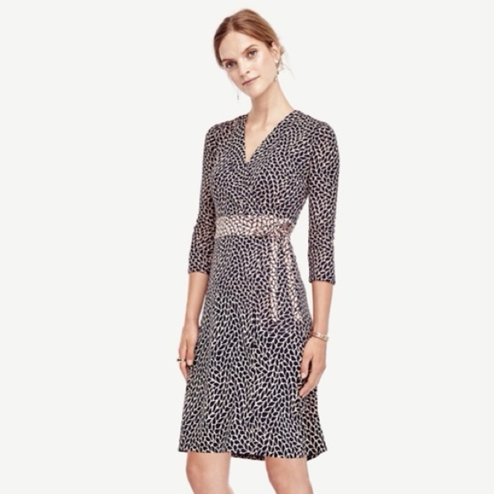Ann Taylor Printed Wrap Midi Dress in Navy and Cream